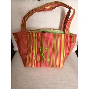 CAB Co Handbags Striped Tote Bag Monogram K‎ Green Pink Yellow